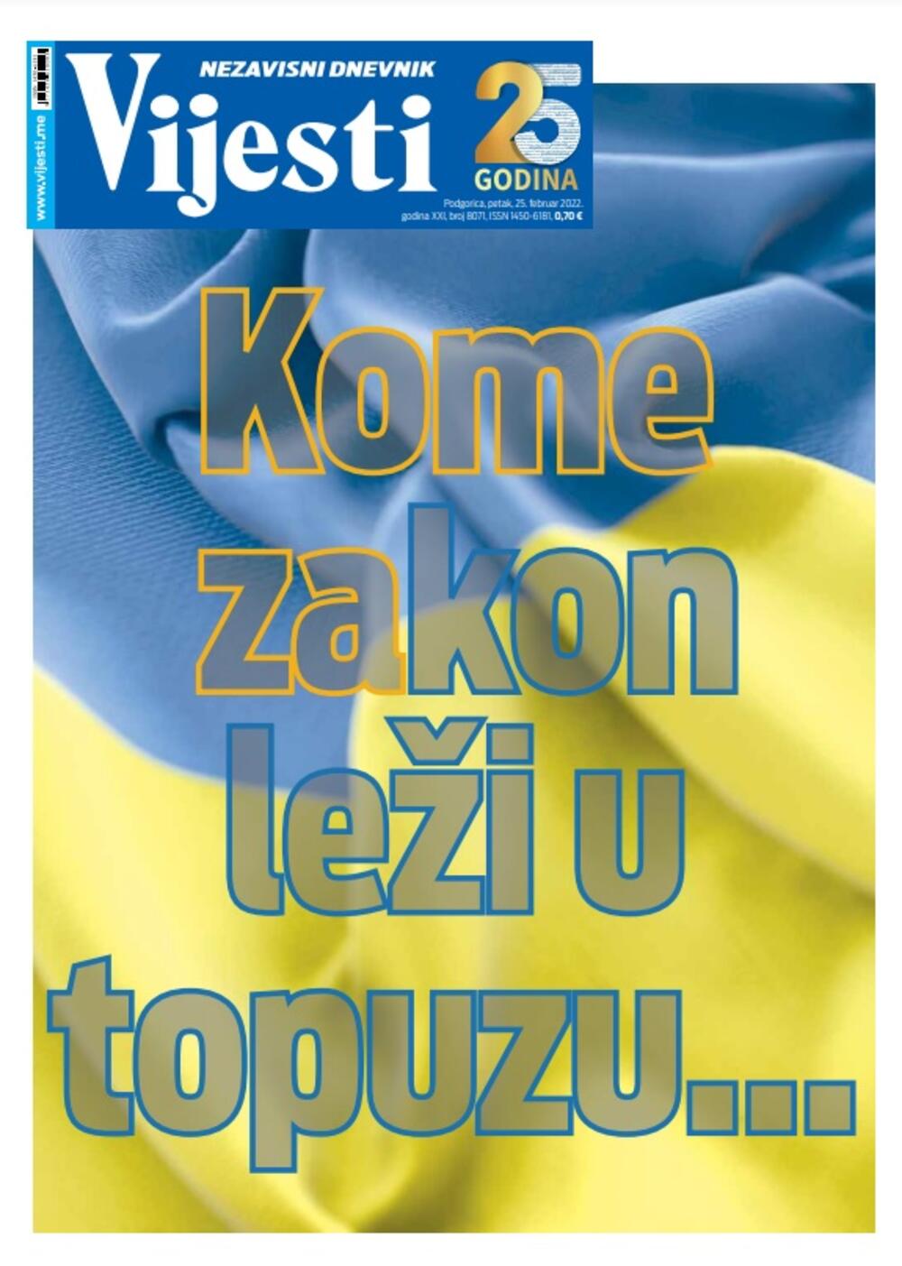 Naslovna strana "Vijesti" za 25. februar 2022., Foto: Vijesti