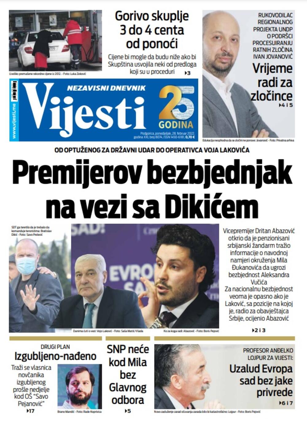Naslovna strana "Vijesti" za 28. februar 2022., Foto: Vijesti