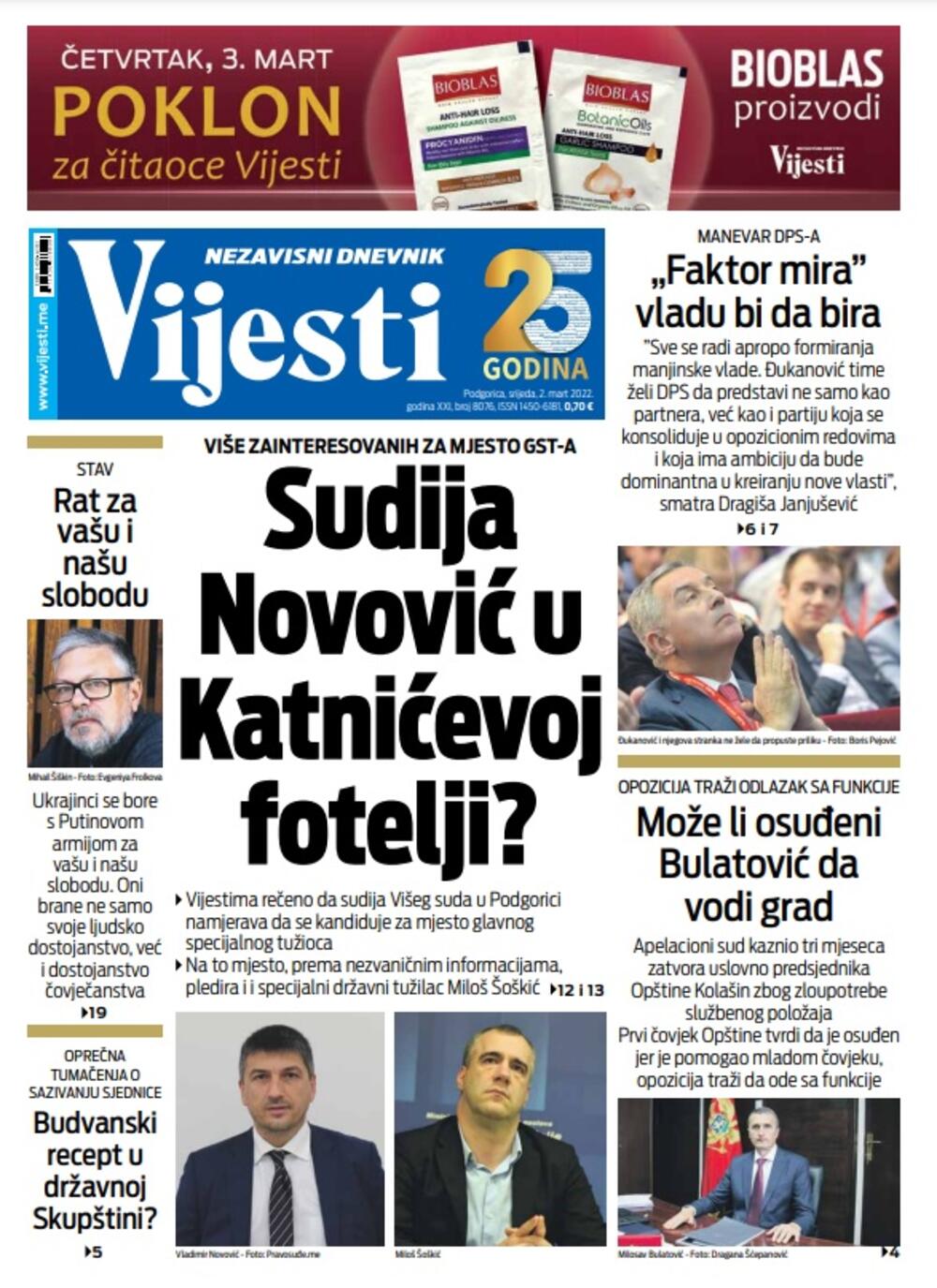 Naslovna strana "Vijesti" za 2. mart 2022., Foto: Vijesti