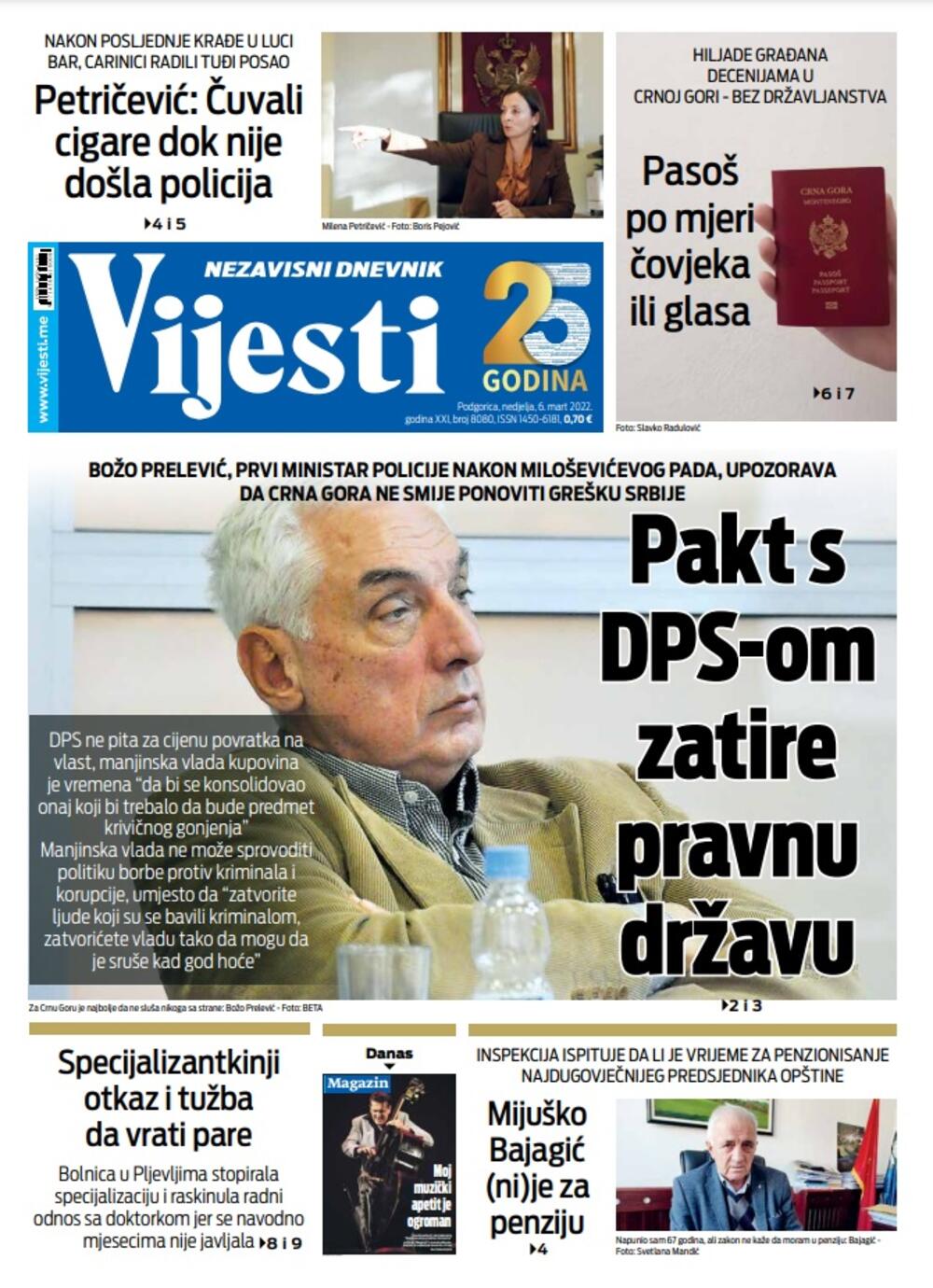 Naslovna strana "Vijesti" za 6. mart 2022., Foto: Vijesti