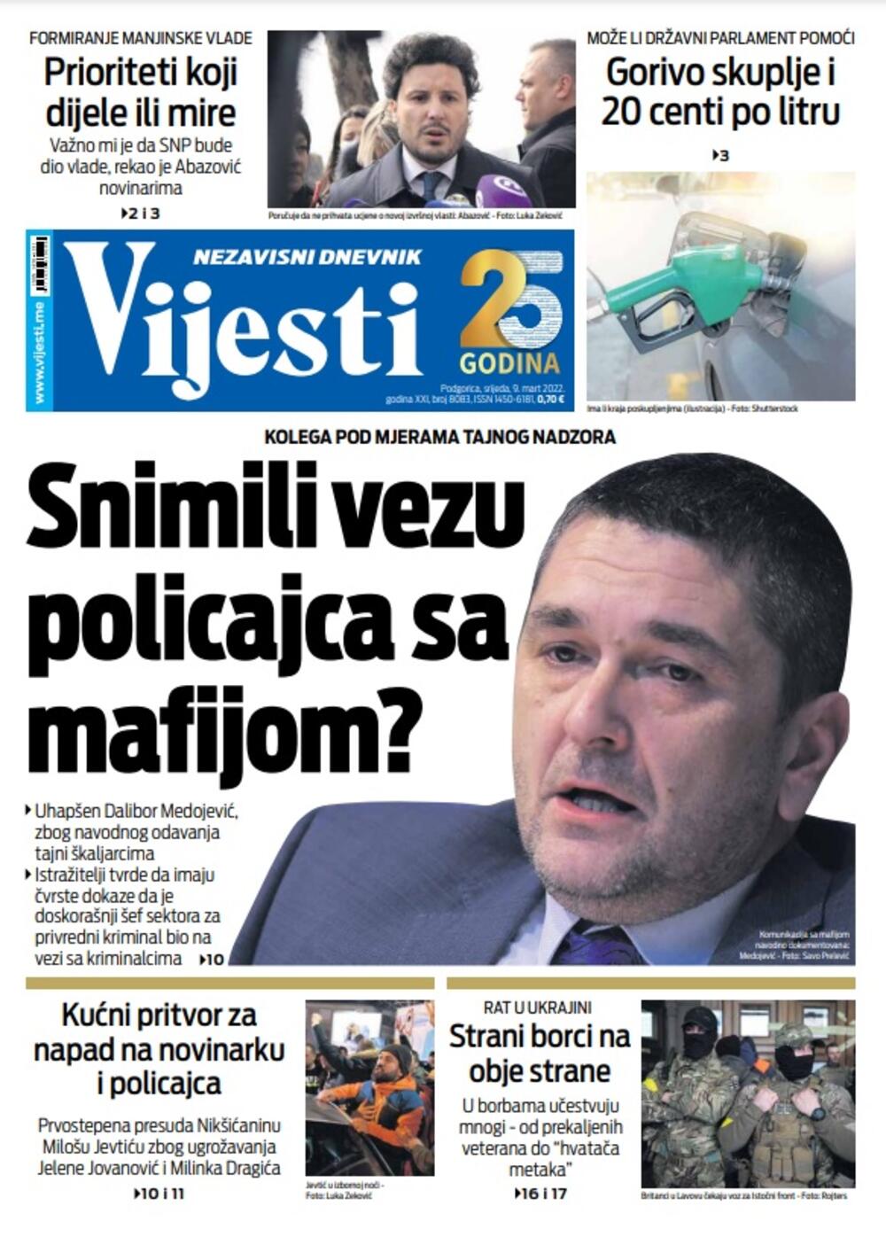 Naslovna strana "Vijesti" za 9. mart 2022., Foto: Vijesti