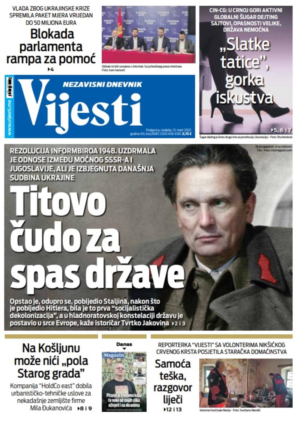 Naslovna strana "Vijesti" za nedjelju 13. mart, Foto: Vijesti