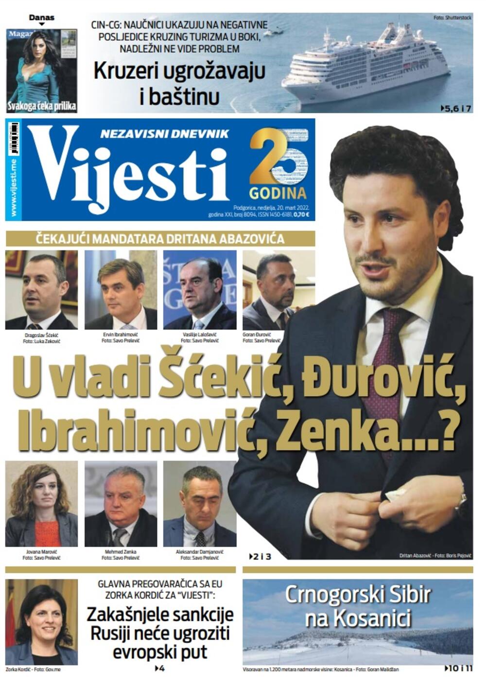 Naslovna strana "Vijesti" za 20. mart 2022., Foto: Vijesti