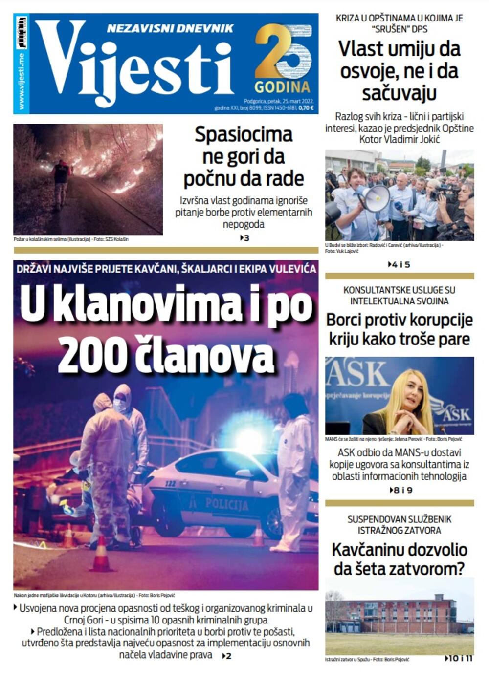 Naslovna strana "Vijesti" za 25. mart 2022., Foto: Vijesti