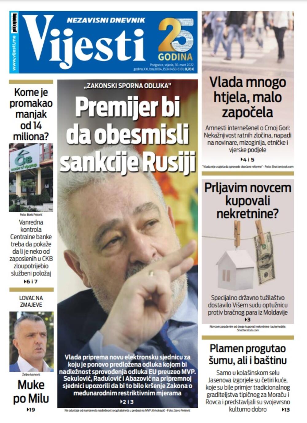 Naslovna strana "Vijesti" za 30. mart 2022., Foto: Vijesti