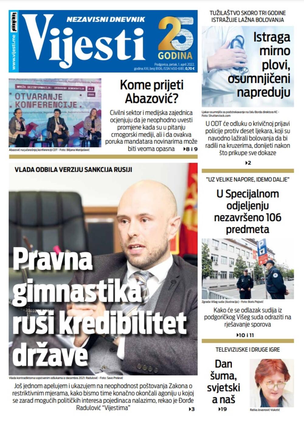Naslovna strana "Vijesti" za 1. april 2022., Foto: Vijesti