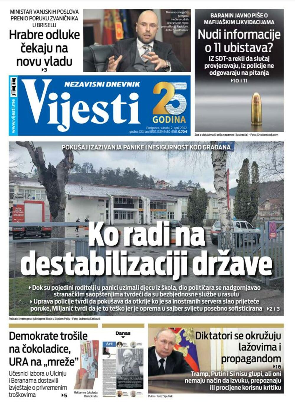 Naslovna strana Vijesti za 2. april 2022., Foto: Vijesti