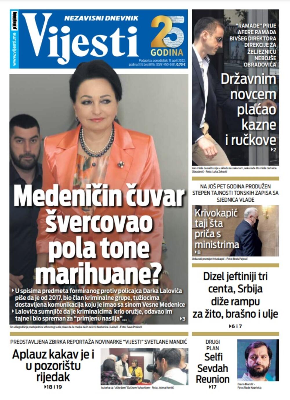 Naslovna strana "Vijesti" za 11. april 2022., Foto: Vijesti