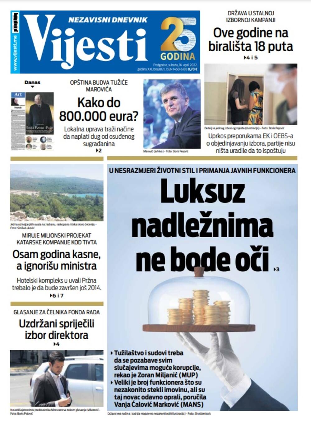 Naslovna strana "Vijesti" za 16. april, Foto: Vijesti