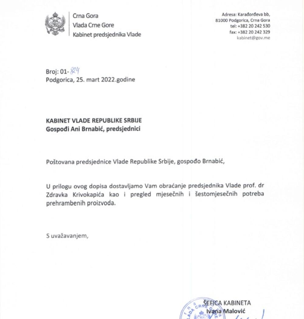 <p>"Da bi ovo preklinjanje Srbiji bilo sistematizovano, napravio je i tabelarni pregled mjesečnih i šestomjesečnih potreba Crne Gore za ovim poljoprivredno prehrambenim proizvodima"</p>