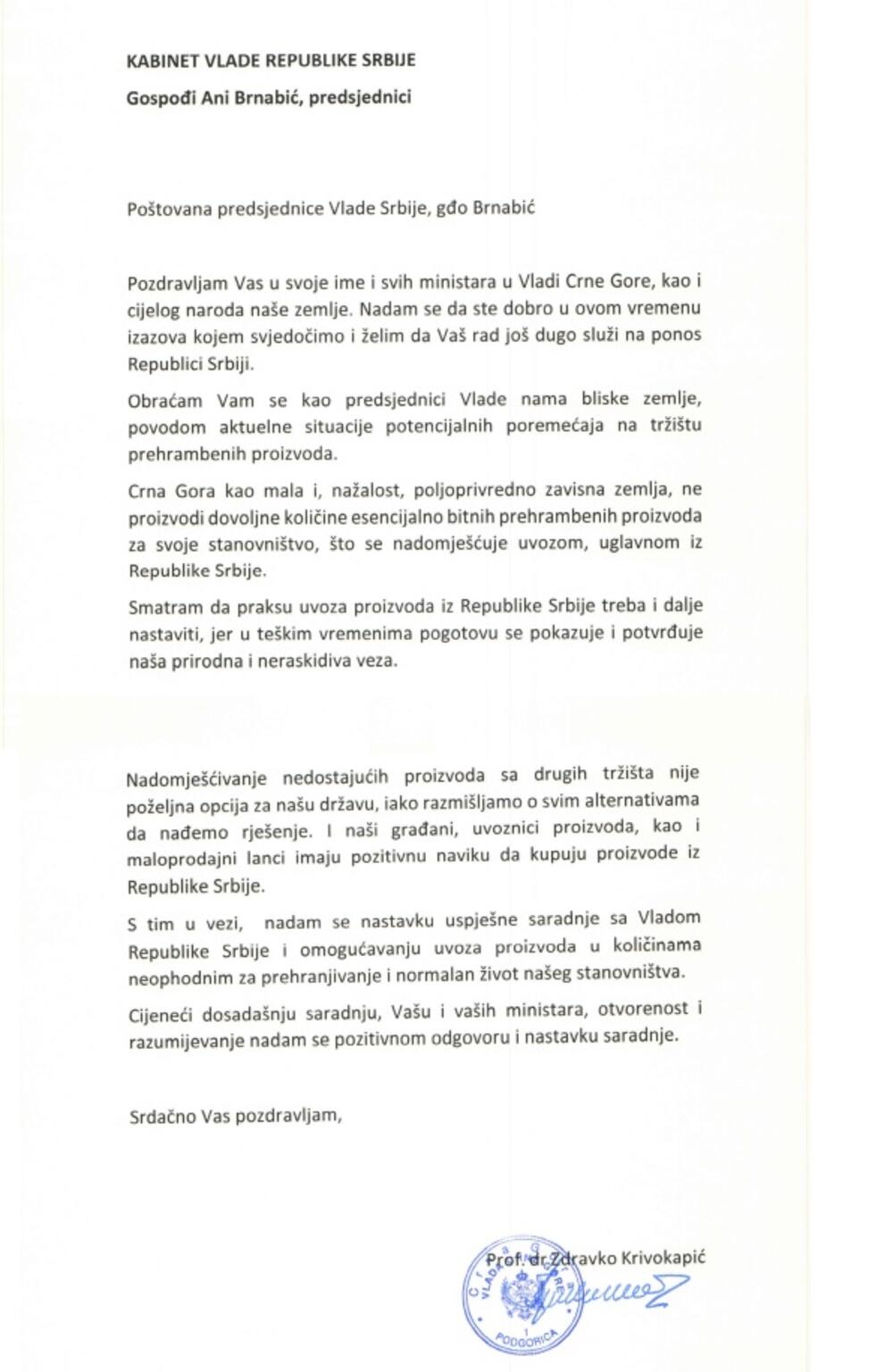 <p>"Da bi ovo preklinjanje Srbiji bilo sistematizovano, napravio je i tabelarni pregled mjesečnih i šestomjesečnih potreba Crne Gore za ovim poljoprivredno prehrambenim proizvodima"</p>