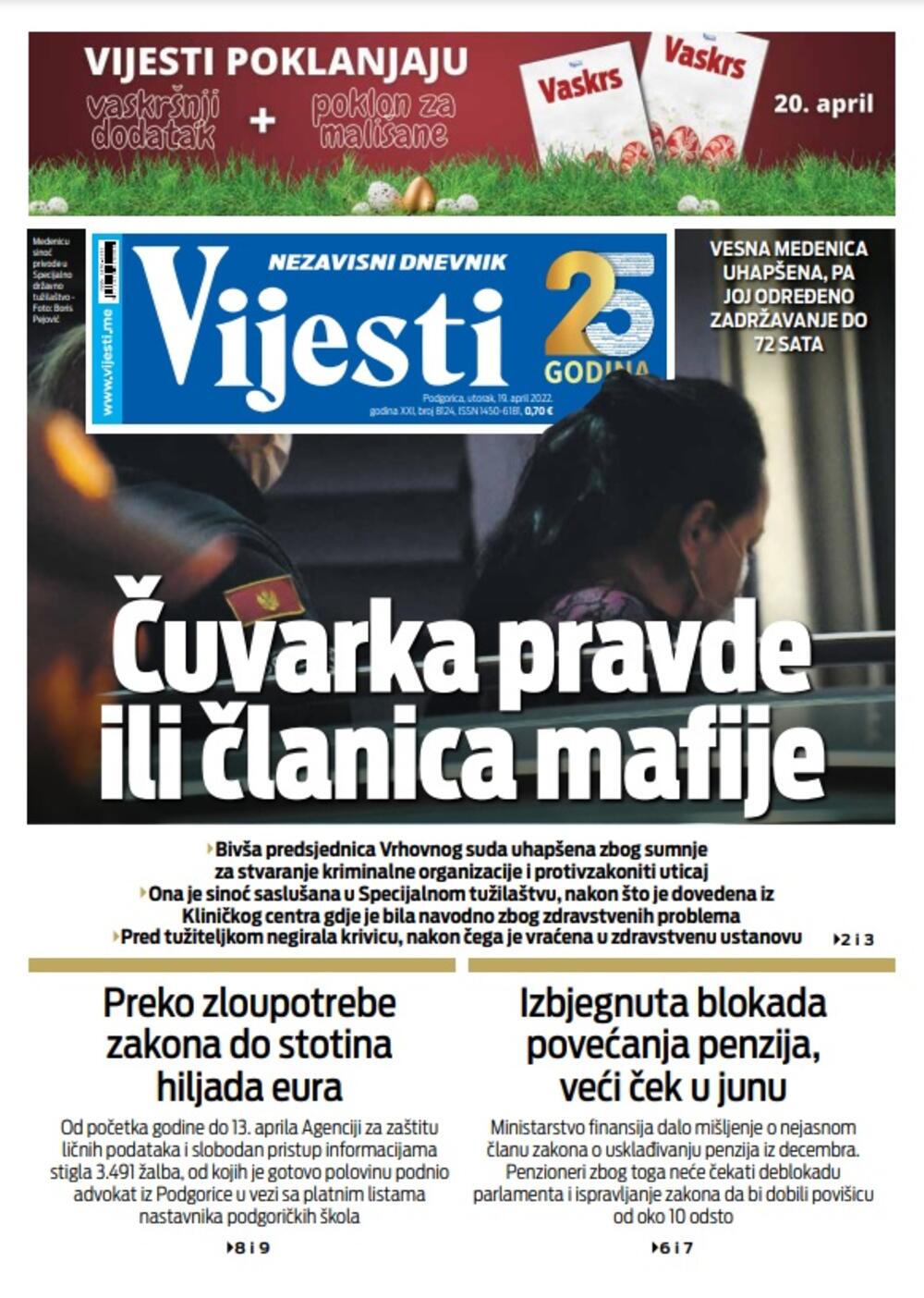 Naslovna strana "Vijesti" za 19. april, Foto: Vijesti