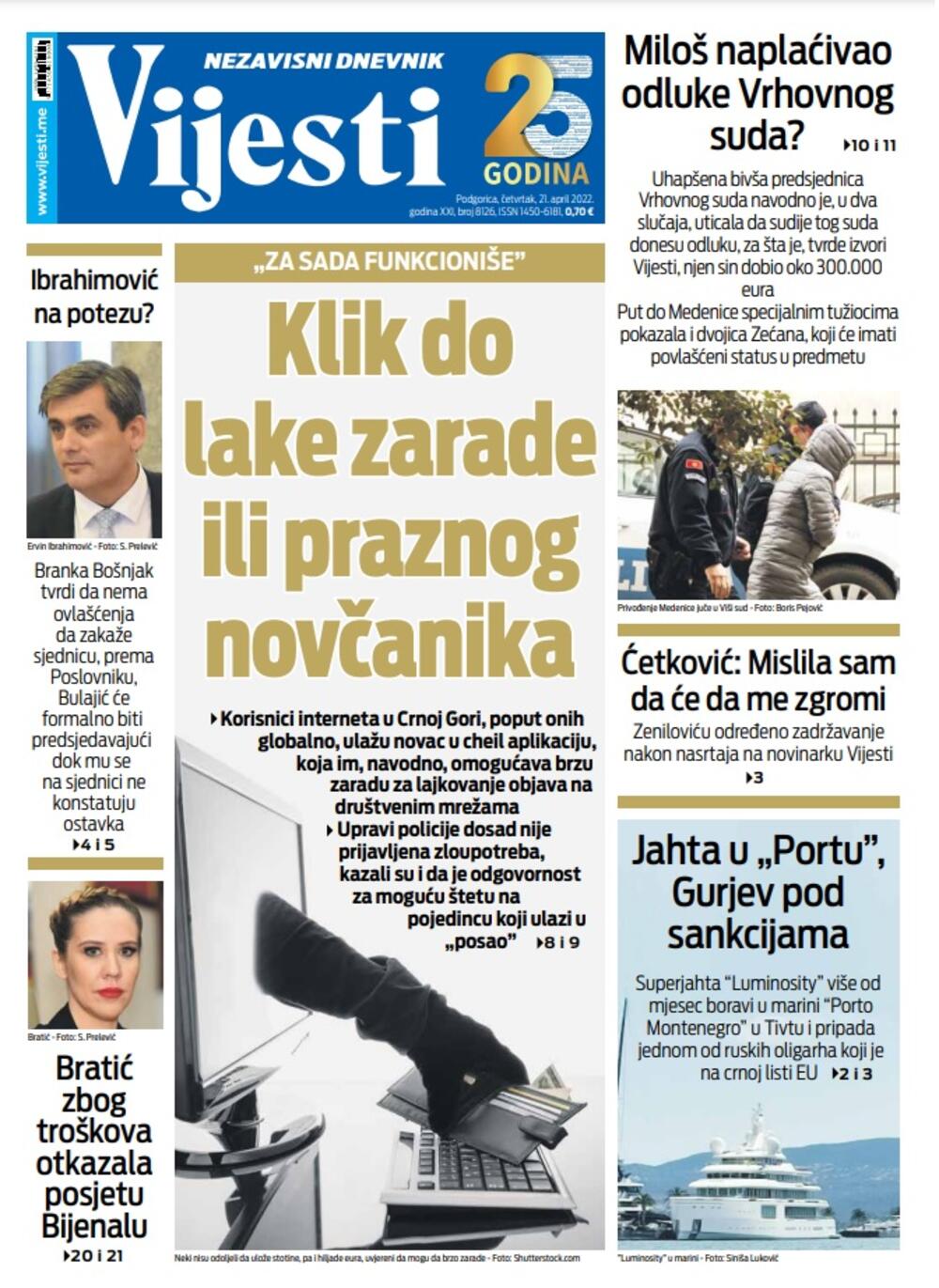 Naslovna strana "Vijesti" za 21. april 2022., Foto: Vijesti