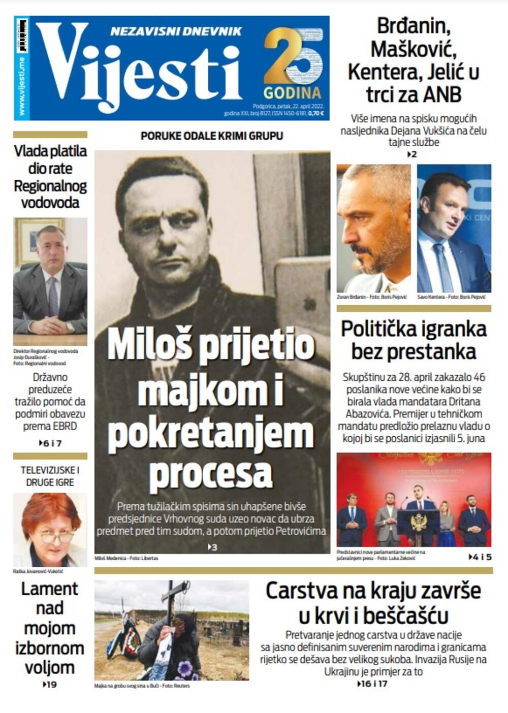 Naslovna strana "Vijesti" za 22. april 2022., Foto: Vijesti
