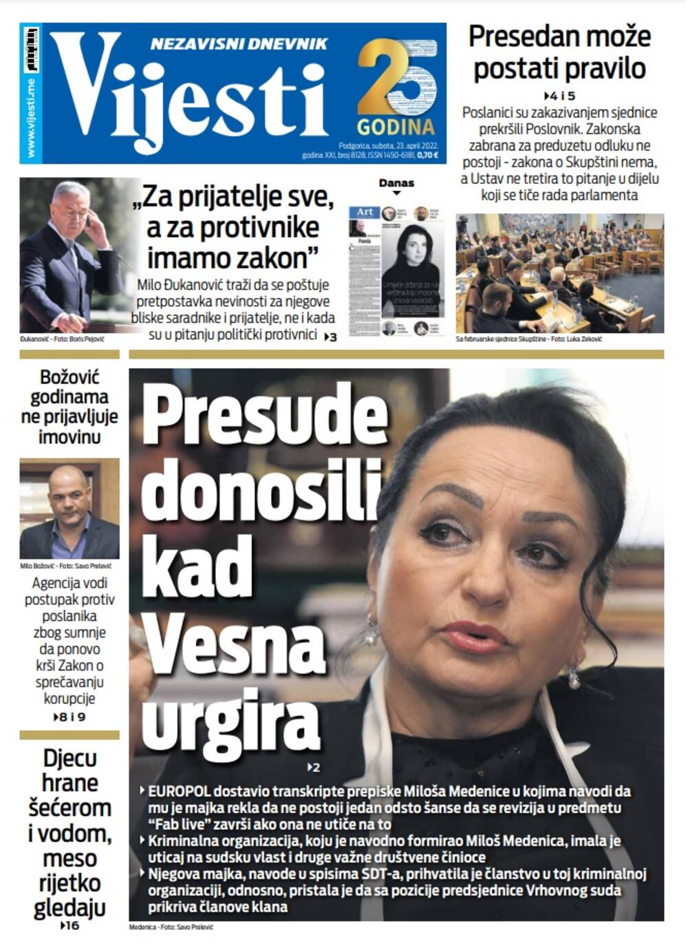 Naslovna strana "Vijesti" za 23. april 2022., Foto: Vijesti