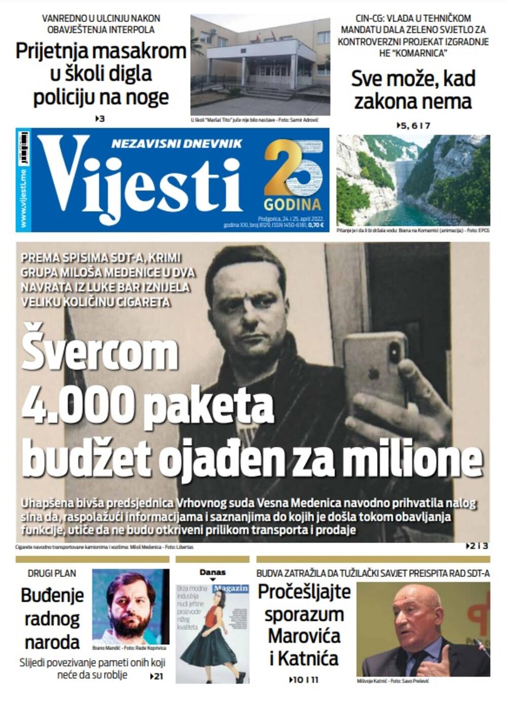 Naslovna strana "Vijesti" za 24. i 25. april 2022., Foto: Vijesti