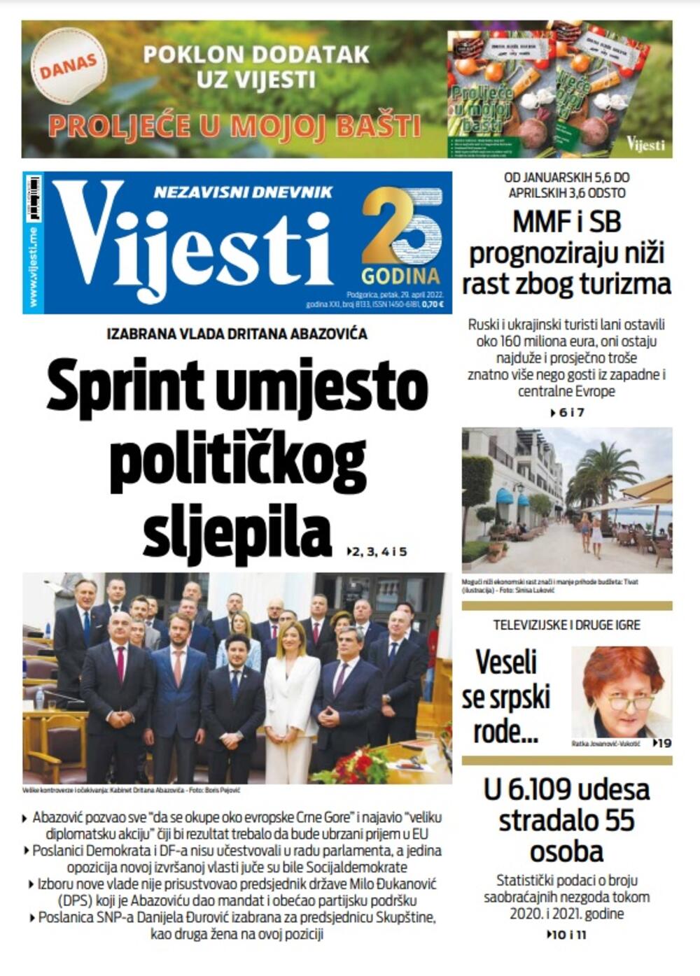 Naslovna strana "Vijesti" za 29. april 2022., Foto: Vijesti