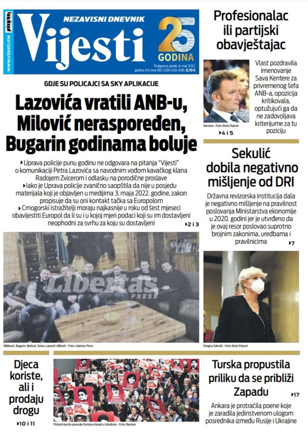 Naslovna strana "Vijesti" za 6. maj 2022., Foto: Vijesti