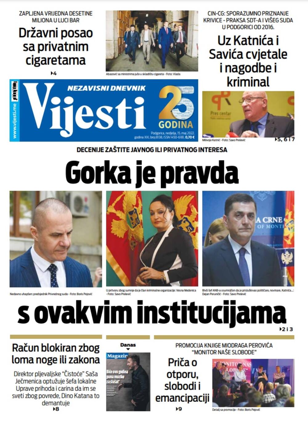 Naslovna strana "Vijesti" za 15. maj 2022., Foto: Vijesti