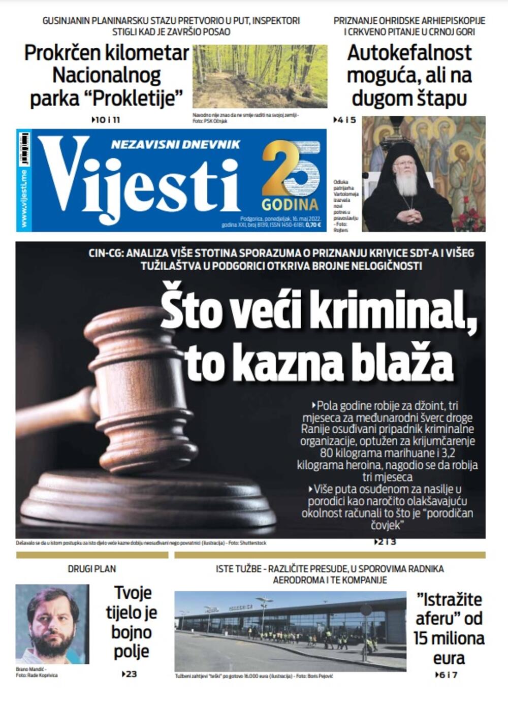 Naslovna strana "Vijesti" za 16. maj 2022., Foto: Vijesti