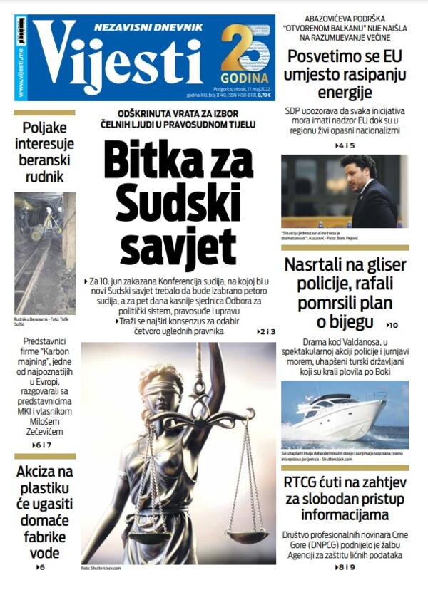 Naslovna strana "Vijesti" za 17. maj 2022.