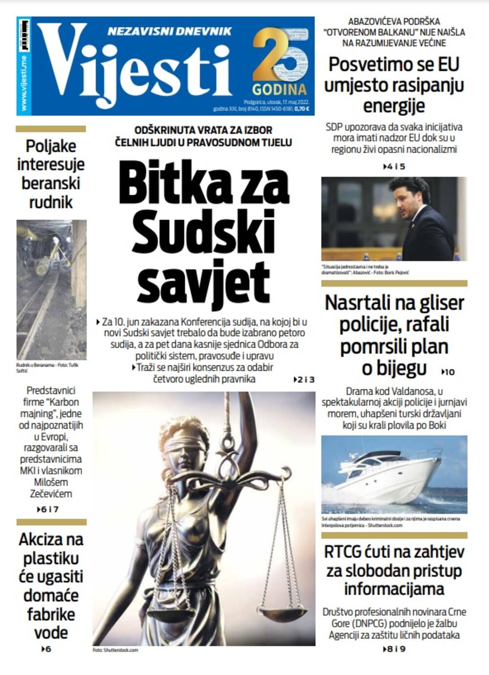 Naslovna strana "Vijesti" za 17. maj 2022., Foto: Vijesti