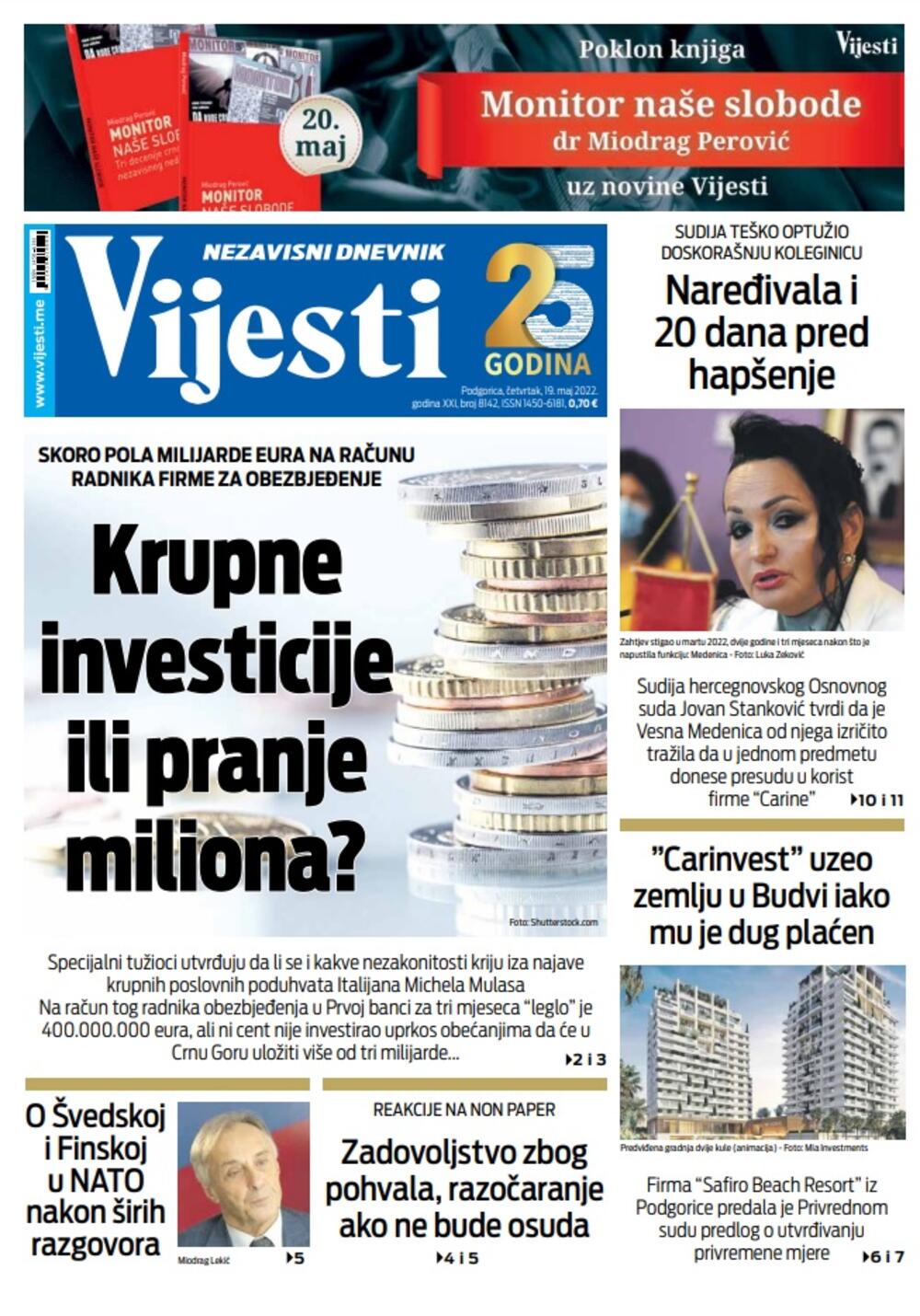 Naslovna strana "Vijesti" za 19. maj 2022., Foto: Vijesti