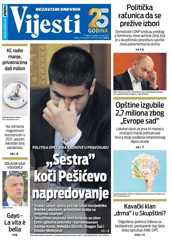 Naslovna strana "Vijesti" za 25. maj 2022.