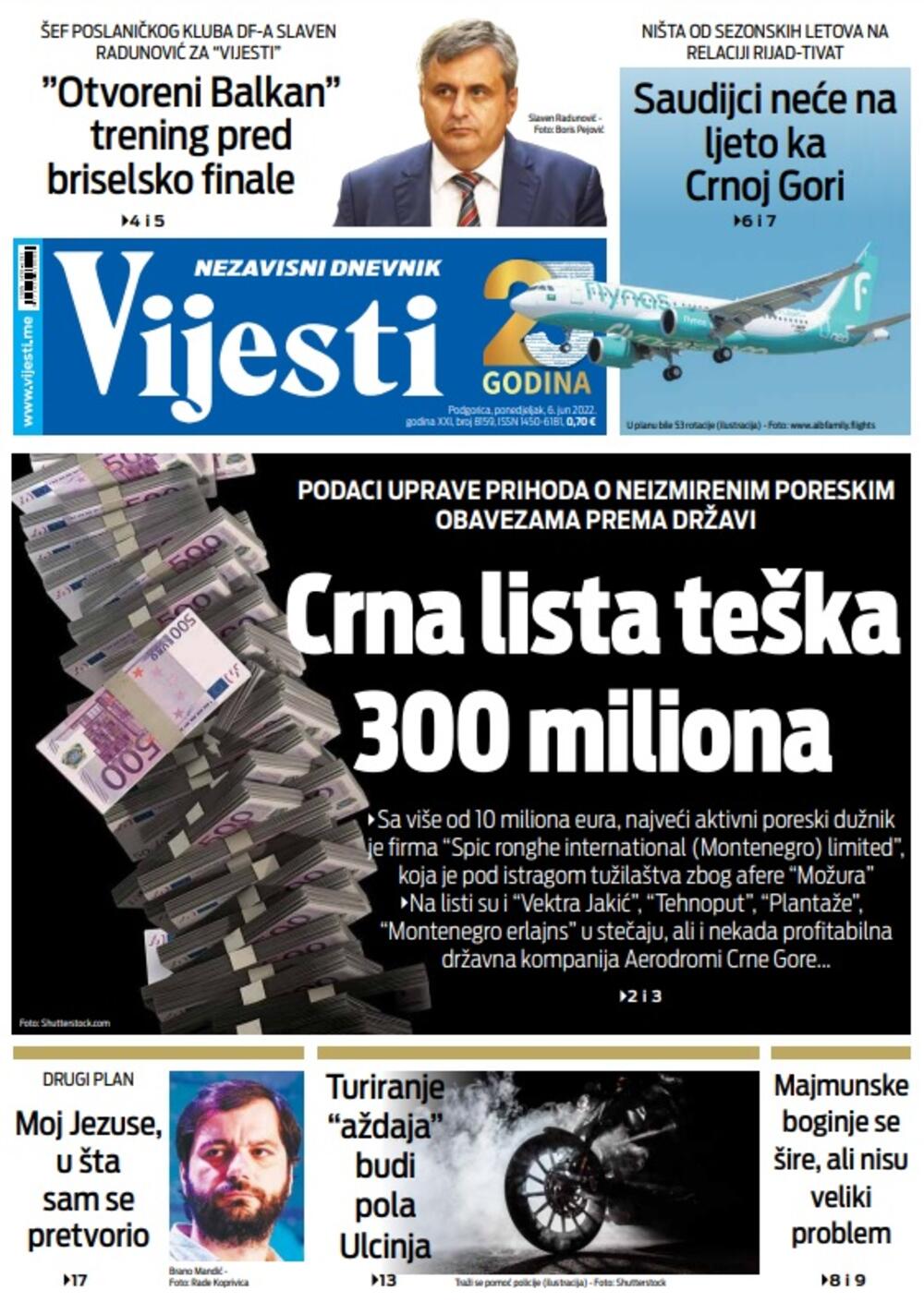 Naslovna strana "Vijesti" za 6. jun 2022., Foto: Vijesti