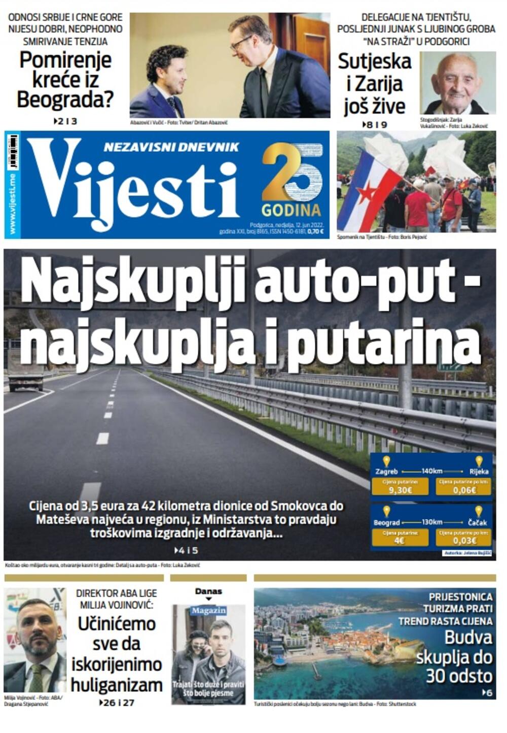 Naslovna strana "Vijesti" za nedjelju 12. jun 2022., Foto: Vijesti