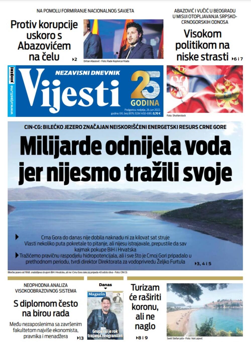 Naslovna strana "Vijesti" za 26. jun 2022. godine, Foto: Vijesti