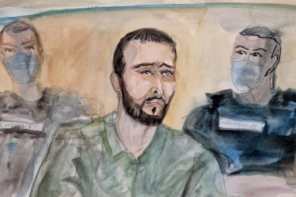Umjetnička slika koja prikazuje Abdeslama u sudnici, Foto: Reuters