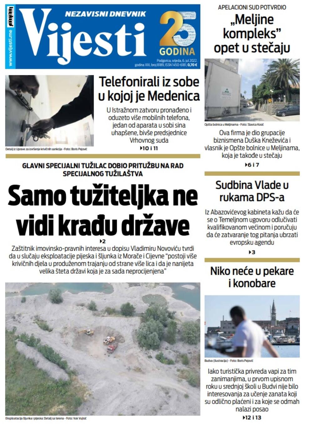 Naslovna strana "Vijesti" za srijedu 6. jul 2022., Foto: Vijesti