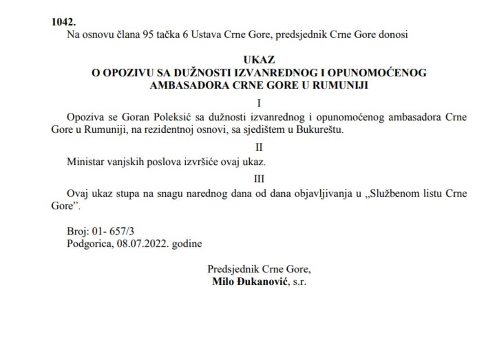 <p>Ukazi su objavljeni u Služenom listu Crne Gore</p>