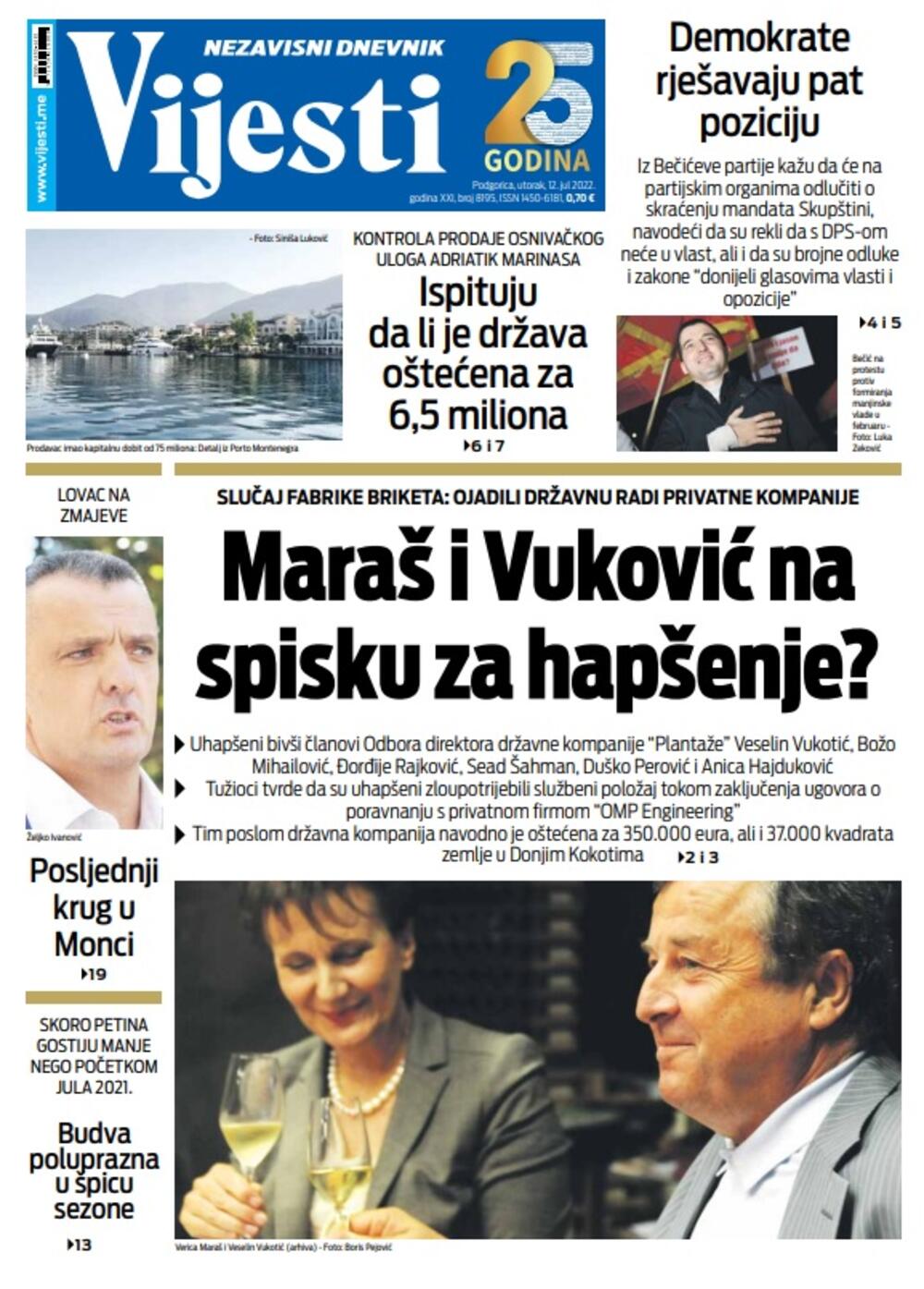 Naslovna strana "Vijesti" za 12. jul 2022., Foto: Vijesti