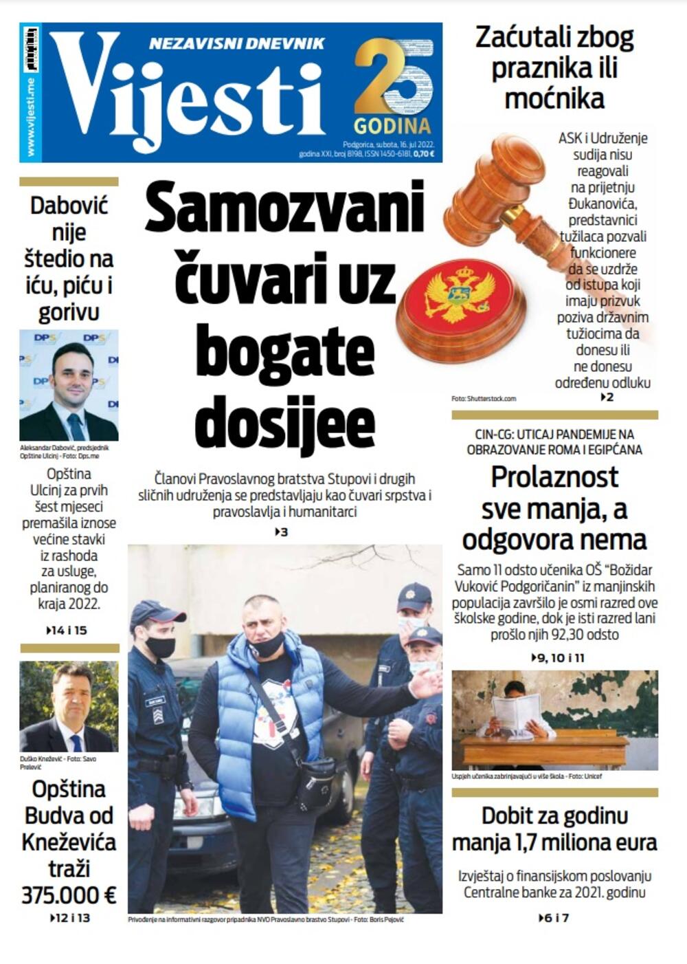 Naslovna strana "Vijesti" za 16. jul 2022., Foto: Vijesti