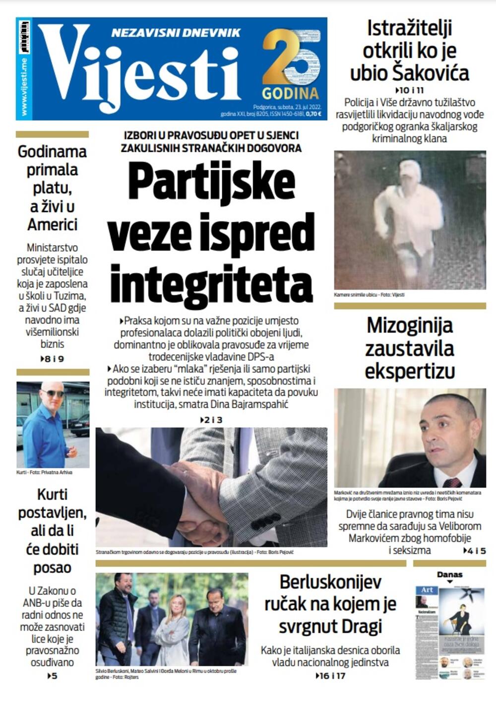 Naslovna strana "Vijesti" za 23. jul 2022., Foto: Vijesti
