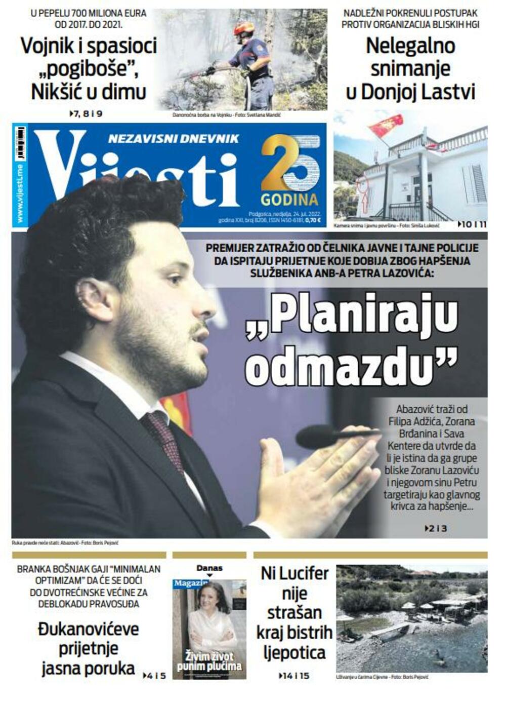 Naslovna strana "Vijesti" za nedjelju 24. jul 2022., Foto: Vijesti