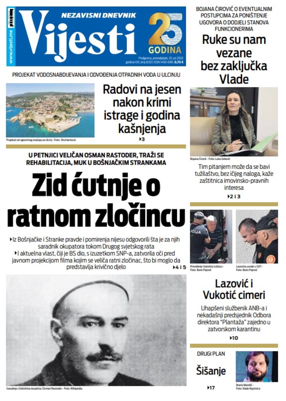 Naslovna strana "Vijesti" za ponedjeljak 25. jul 2022., Foto: Vijesti