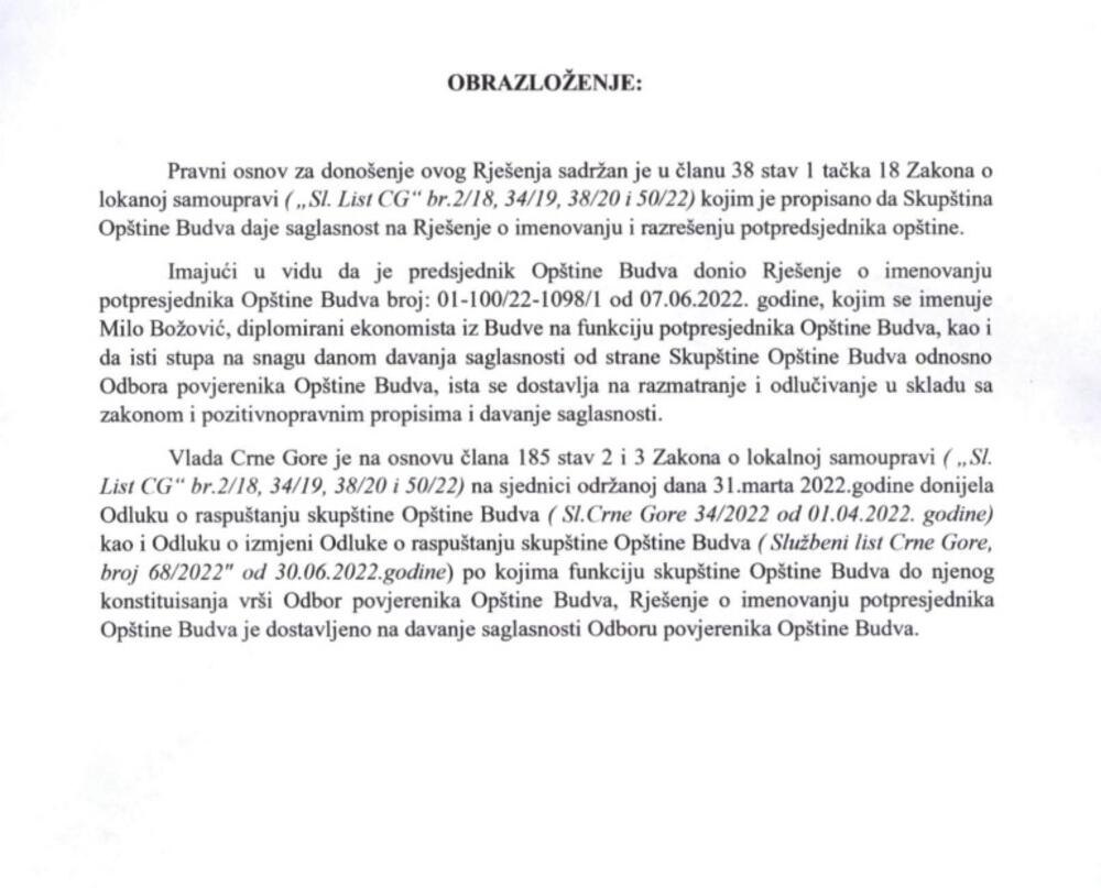 <p>Kako se navodi u dokumentu koji potpisuje predsjednik Odbora povjerenika Nebojša Jušković, predsjednik Opštine Budva Marko Carević je 7. juna donio rješenje o imenovanju Božovića, diplomiranog ekonomiste za potpredsjednika</p>