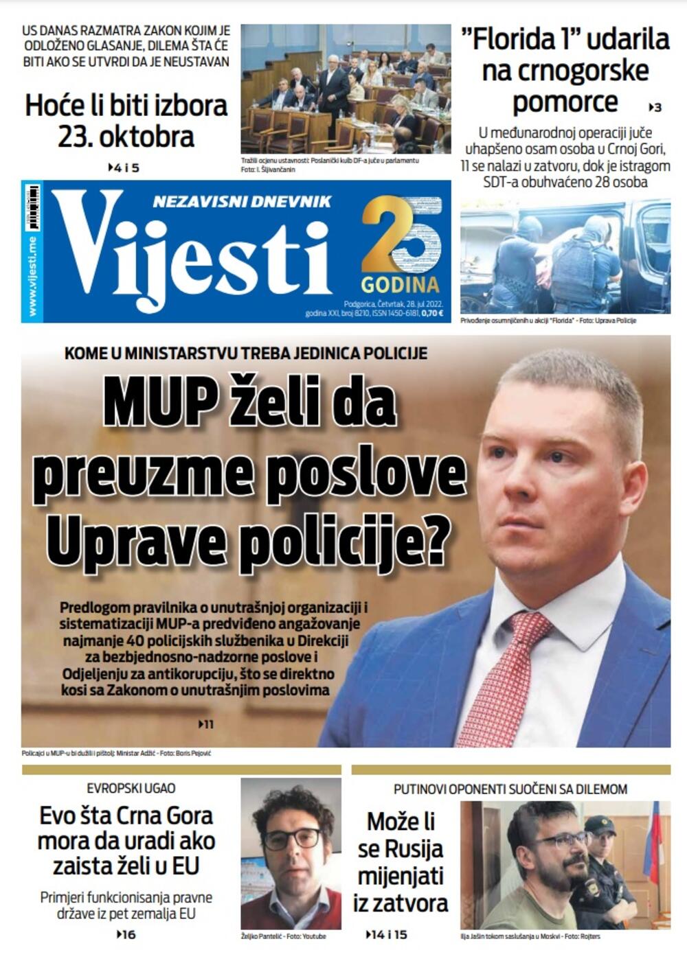 Naslovna strana "Vijesti" 28. jul 2022. godine, Foto: Vijesti