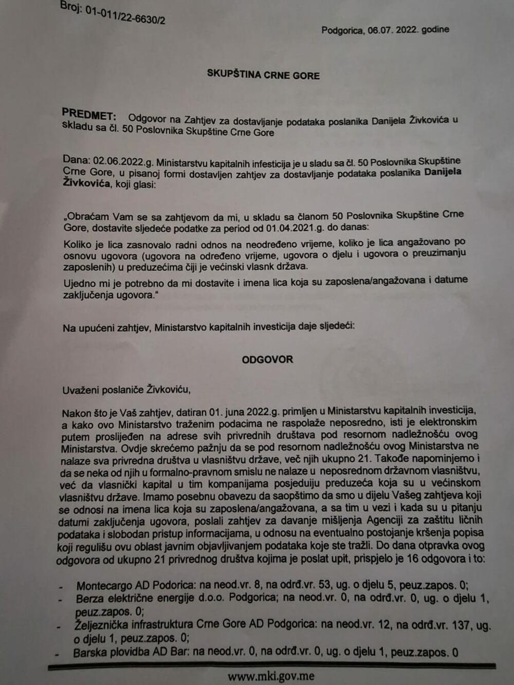<p>Informacije, kako navode, nisu dostavili Montenegro bonus DOO Cetinje, Elektroprivreda Crne Gore AD Nikšić, CEDIS DOO Podgorica i EPCG Beograd DOO</p>