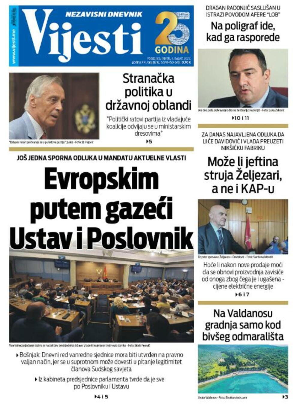 Naslovna strana Vijesti 3. avgust 2022.