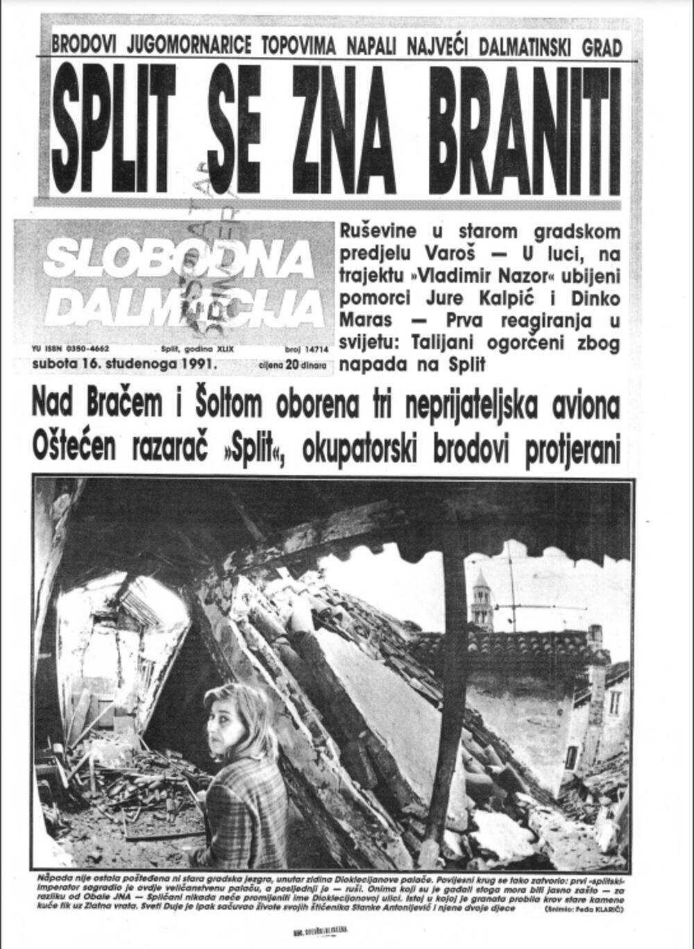 Naslovnica Slobodne Dalmacije 16. novembra 1991.