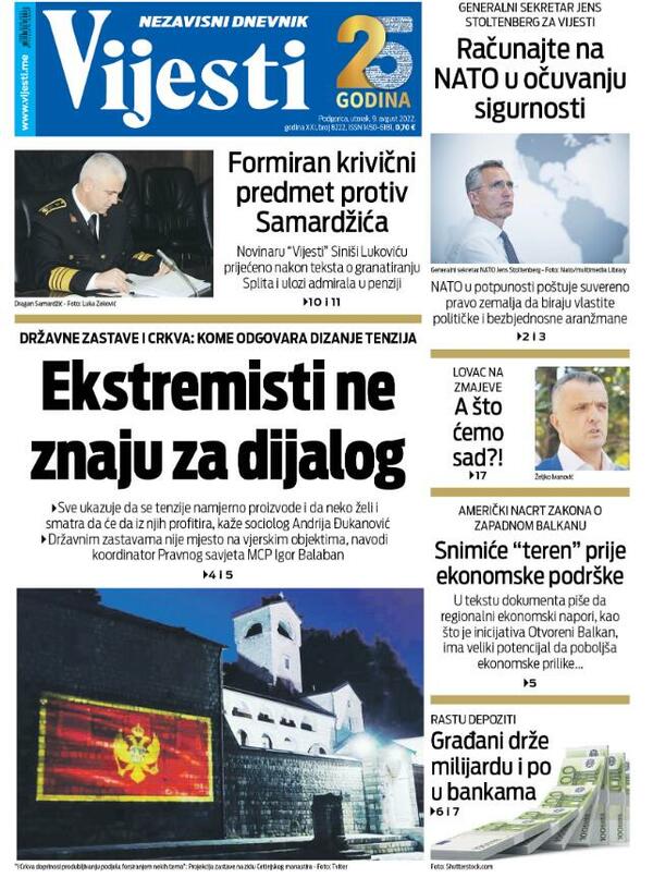 Naslovna strana "Vijesti" za utorak, 9. avgust 2022.