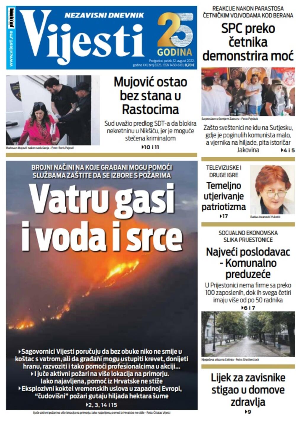 Naslovna strana "Vijesti" za petak 12. avgust 2022. godine, Foto: Vijesti