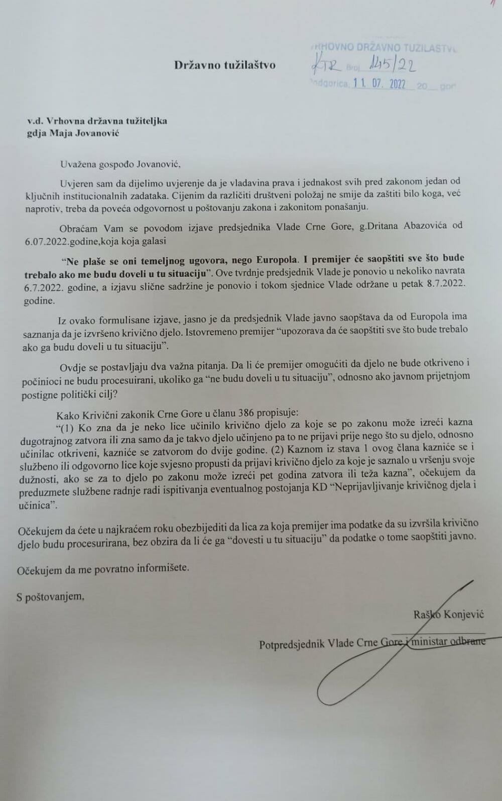 Dopis koji je Konjević u julu uputio Državnom tužilaštvu