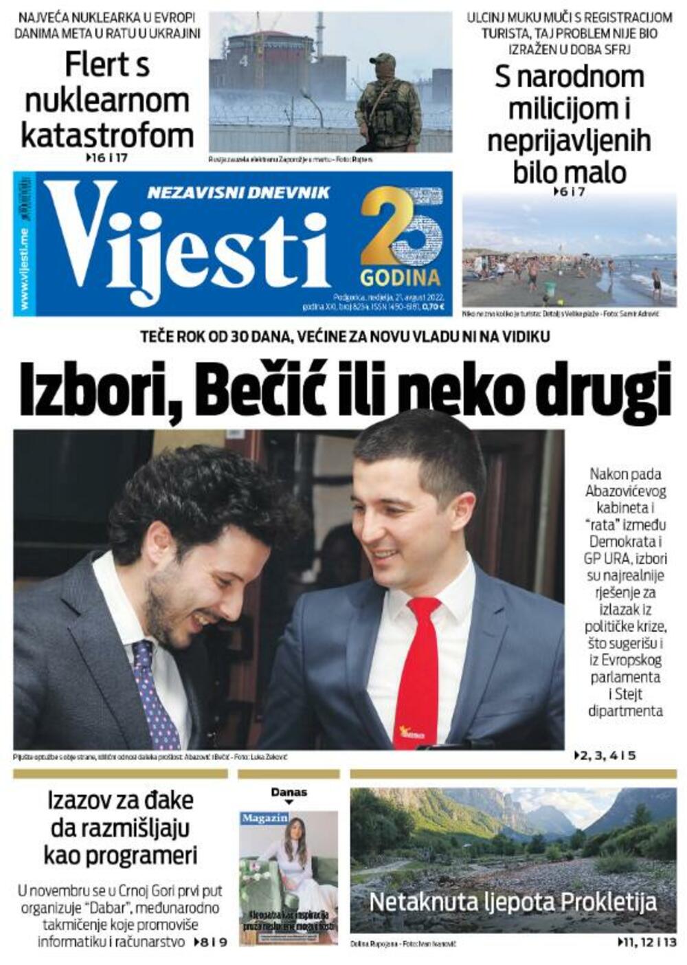 naslovna strana za 21. avgust 2022.