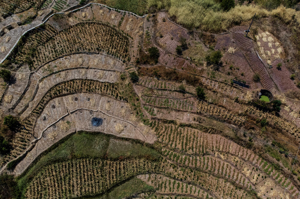 Pogled iz vazduha na isušena polja u selu Fujuan, Foto: Reuters