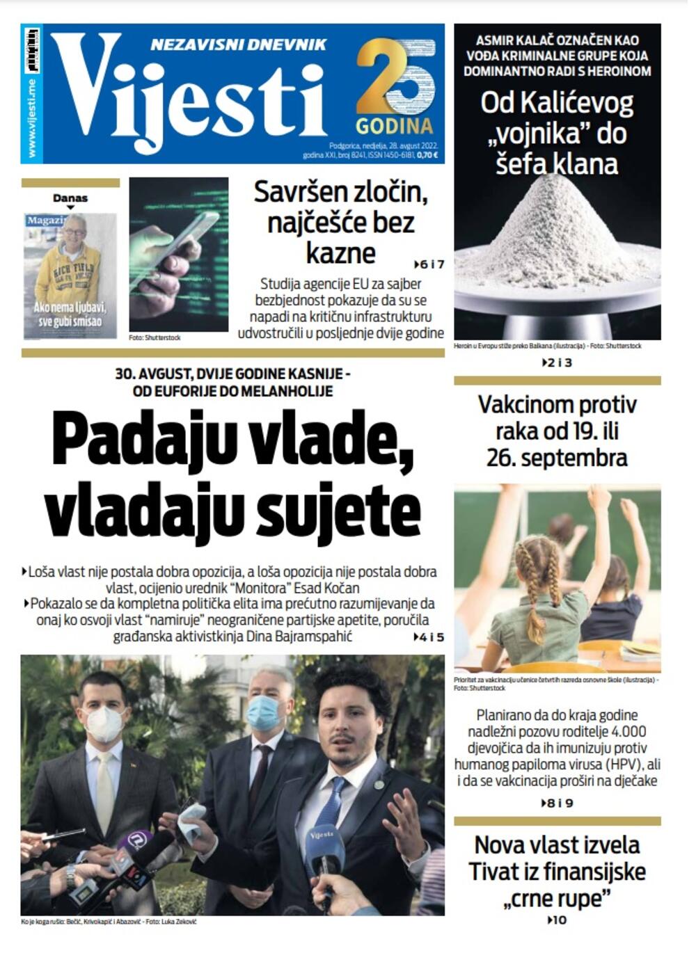 Naslovna strana "Vijesti" za 28. avgust 2022., Foto: Vijesti